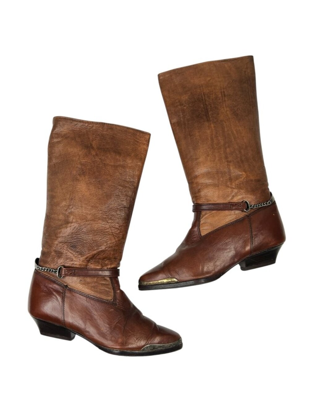 Vintage Zodiac Leather Boots Western Boho Mid-Calf Toe Taps Straps Brown 8.5